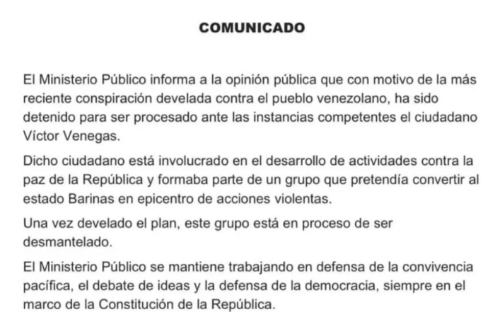 Luego de publicar la denuncia desde Fenatev en Barinas el MP notificó la detención de Victor Venegas