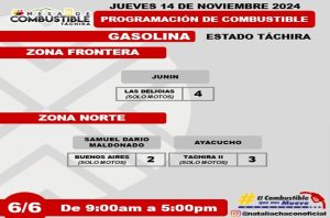 Programación de combustible 14 noviembre Táchira, frontera