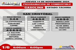 Programación de combustible 14 noviembre Táchira, san cristobal