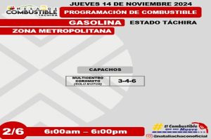 Programación de combustible 14 noviembre Táchira, zona metropolitanal