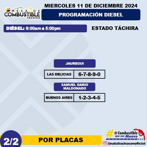 Programación de combustible para Táchira diesel jauregui 11 Diciembre